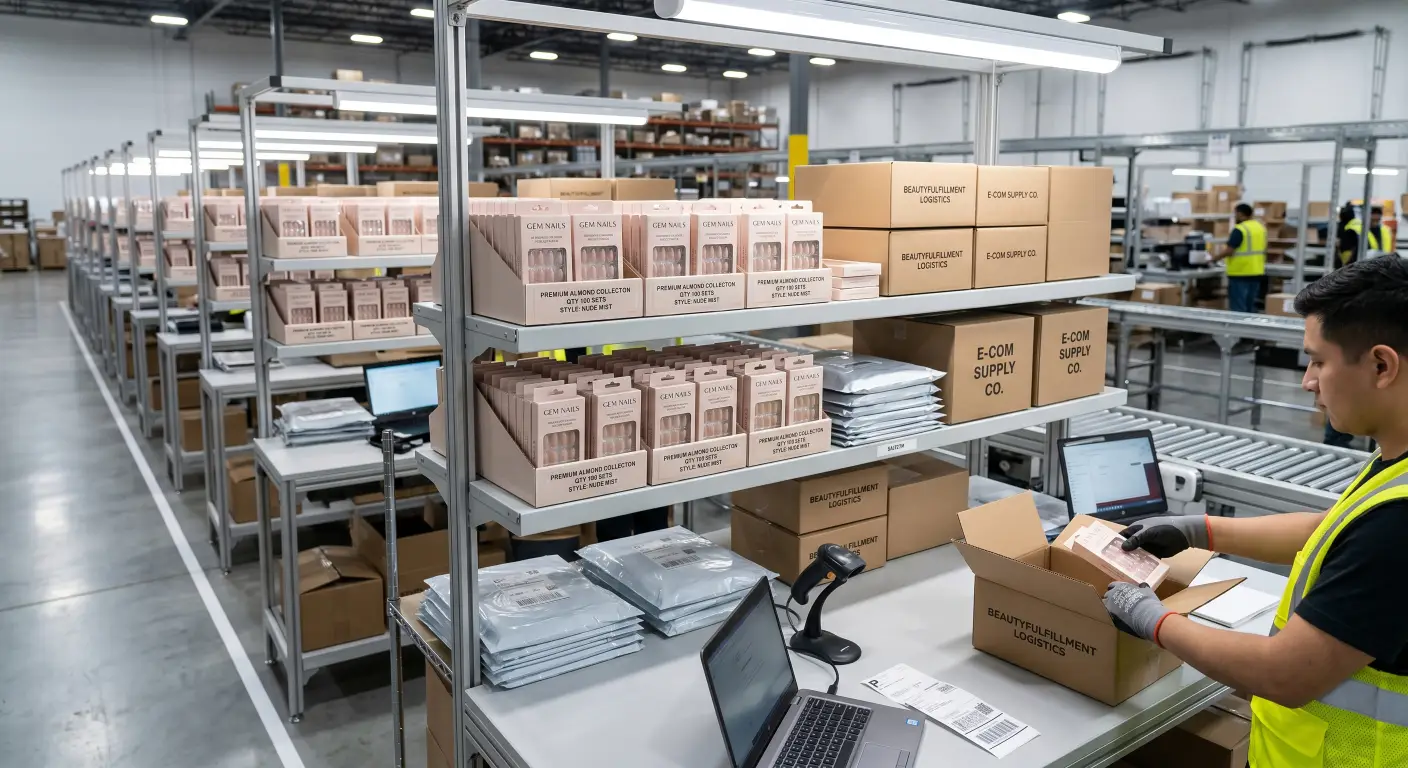 rows of securely packaged, premium almond press-on nails neatly arranged inside a clean e-commerce fulfillment warehouse rows of securely packaged, premium almond press-on nails neatly arranged inside a clean e-commerce fulfillment warehouse