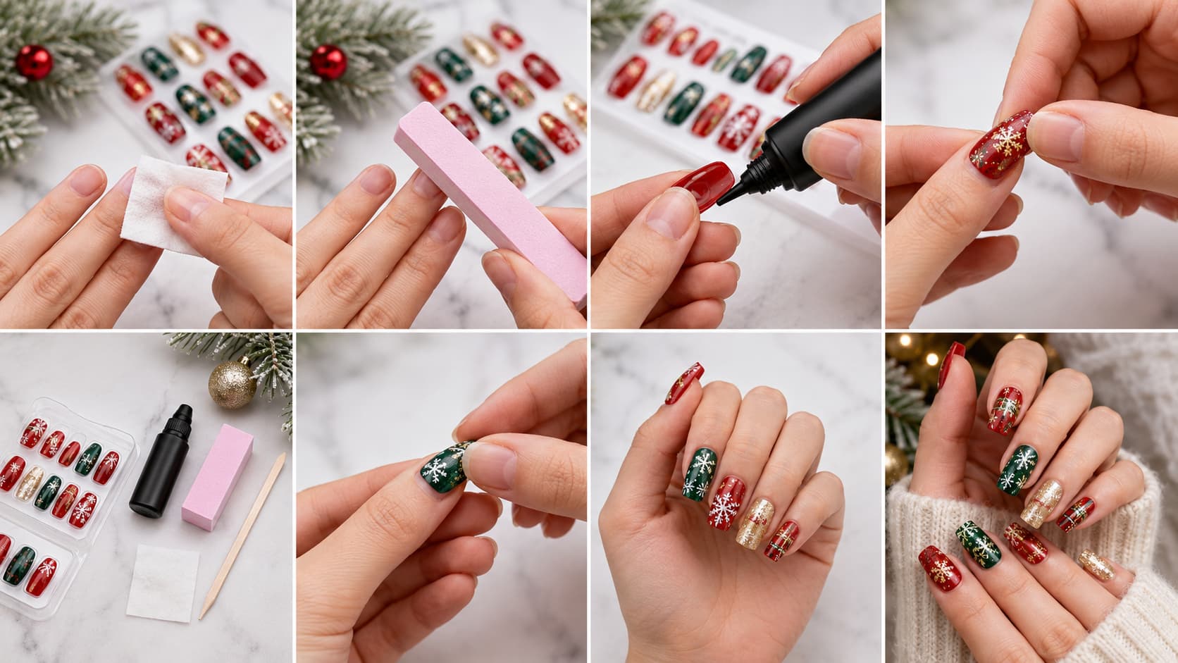 Step-by-step application process for long-lasting Christmas press-on nails