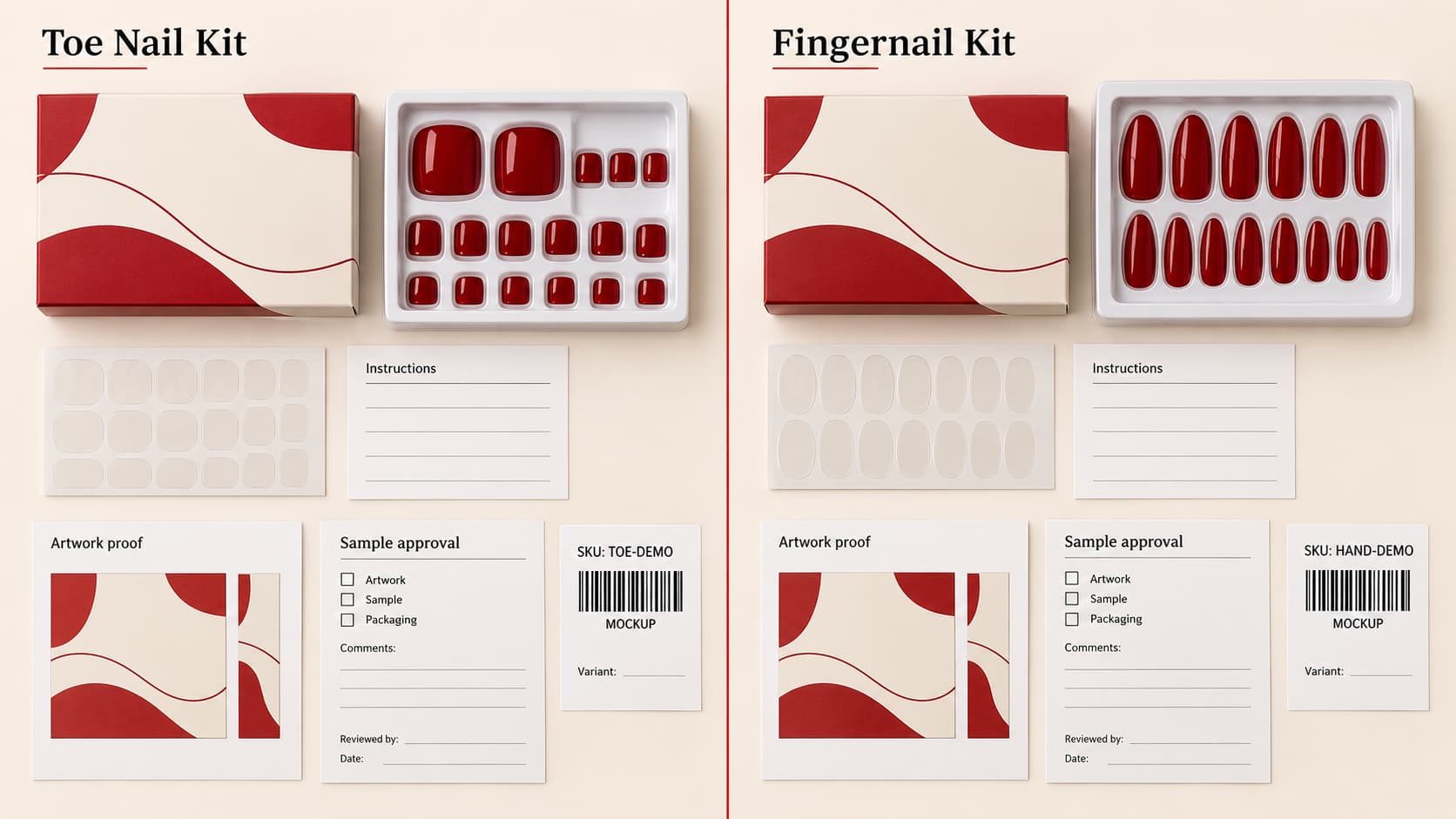 Toe nail and fingernail retail kits with separate trays, adhesive tabs, instructions, packaging proofs, SKU labels, and sample approval forms