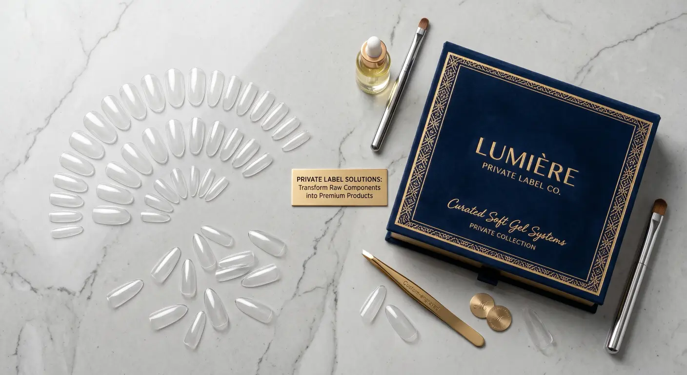 transparent soft gel nail tips resting beside a beautifully branded, high-end retail box transparent soft gel nail tips resting beside a beautifully branded, high-end retail box