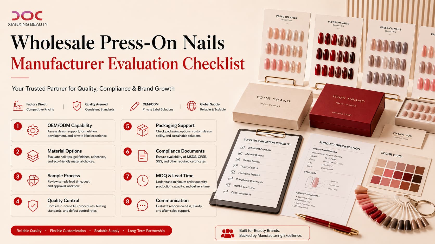 Wholesale press-on nails manufacturer evaluation checklist including OEM ODM capability quality control packaging compliance MOQ and lead time
