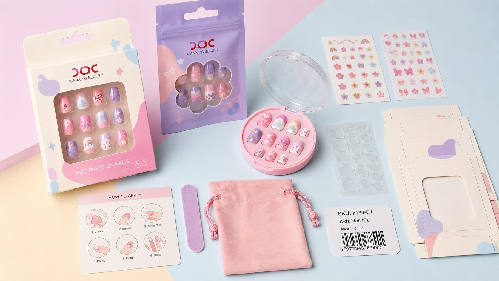 Kids press-on nail retail kits with nail stickers adhesive tabs instruction cards and private label packaging
