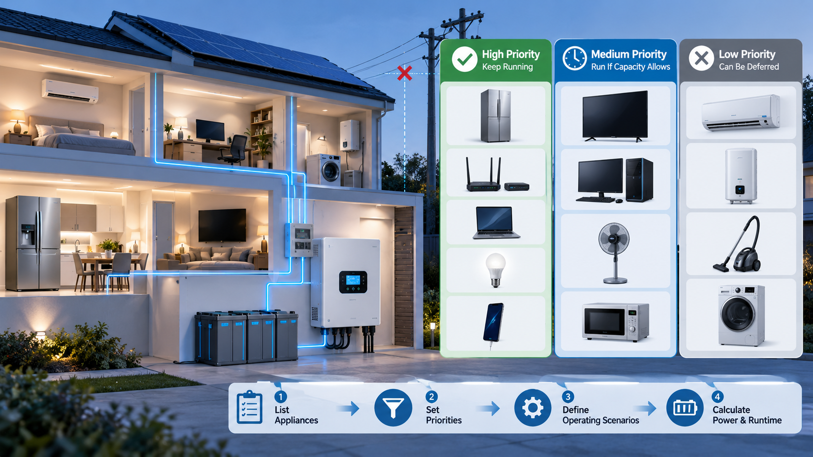 Home backup appliance prioritization and load planning workflow
