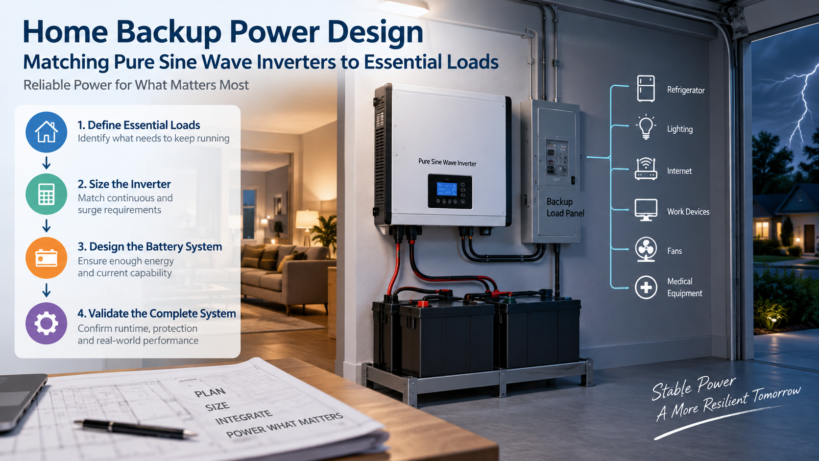 Home backup system qualification workflow showing essential loads, inverter sizing, battery design and complete system validation
