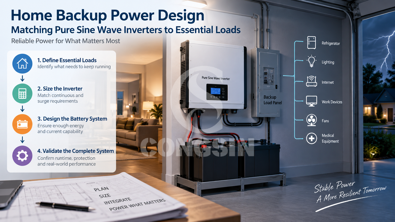 Home Backup System Qualification Workflow for Essential Loads and Inverter Design Home backup system qualification workflow showing essential loads, inverter sizing, battery design and complete system validation