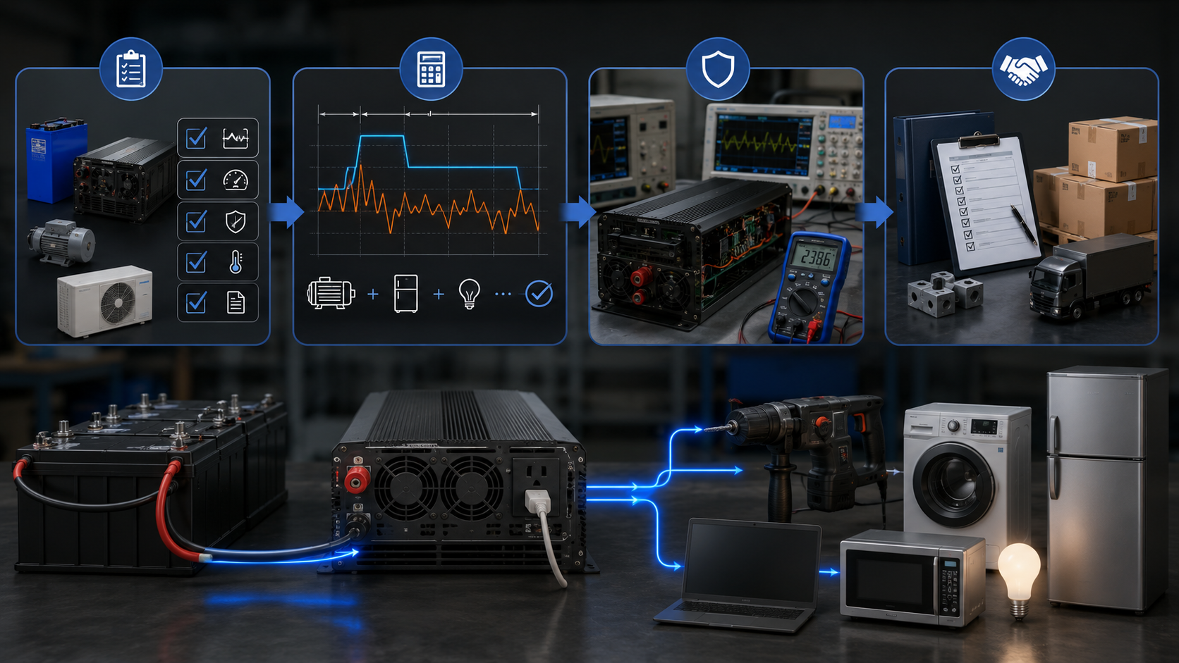 Inverter load qualification testing for continuous power and surge performance