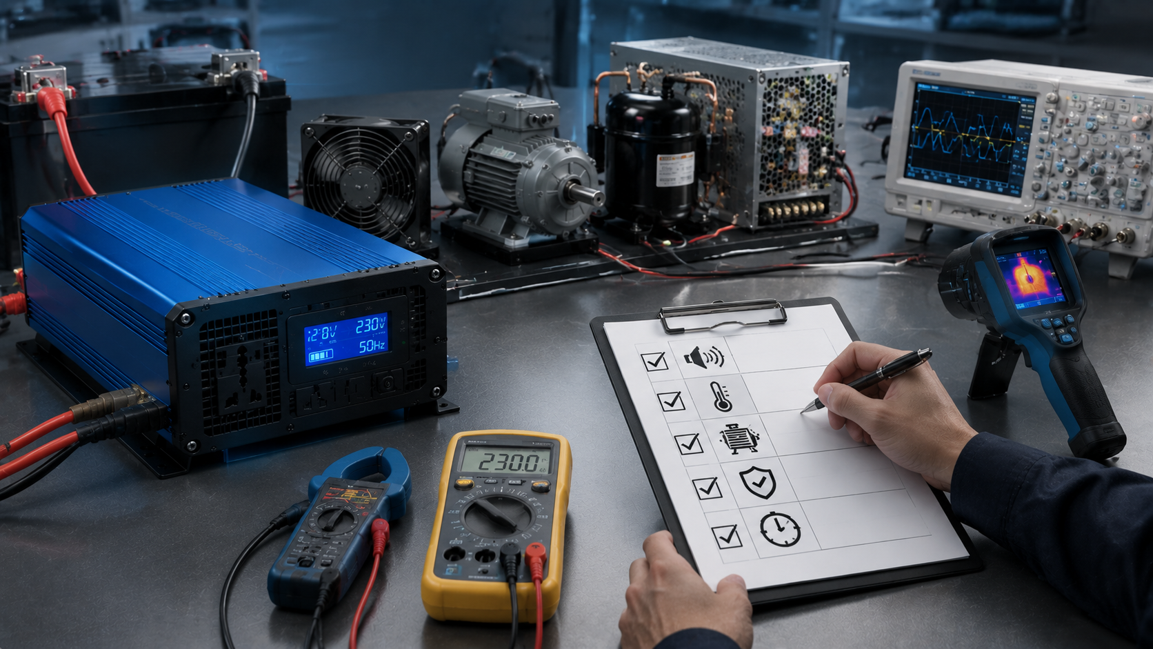 Inverter load testing process with thermal inspection motor analysis and reliability evaluation