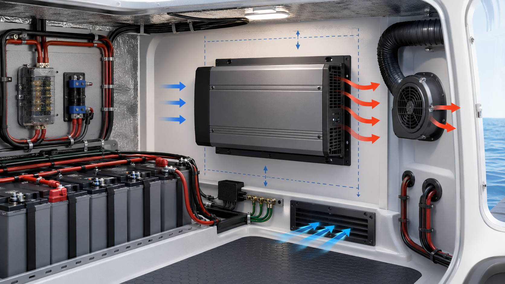 Marine inverter ventilation airflow and installation clearance planning