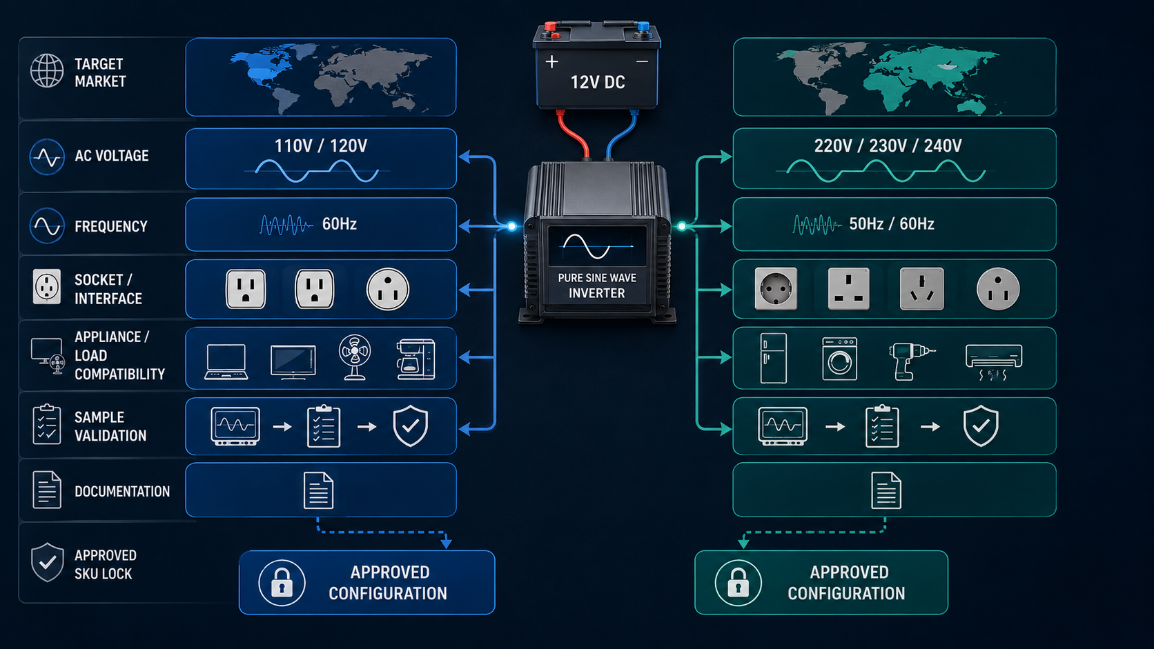 Multi-market 12V inverter configuration workflow for voltage frequency and interface selection