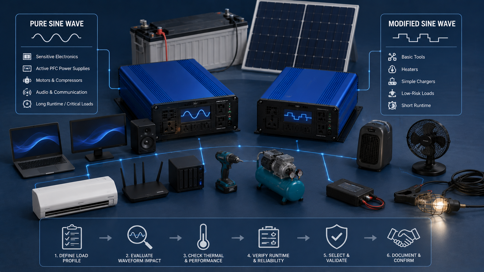Pure and modified sine wave inverter selection factors for different load types