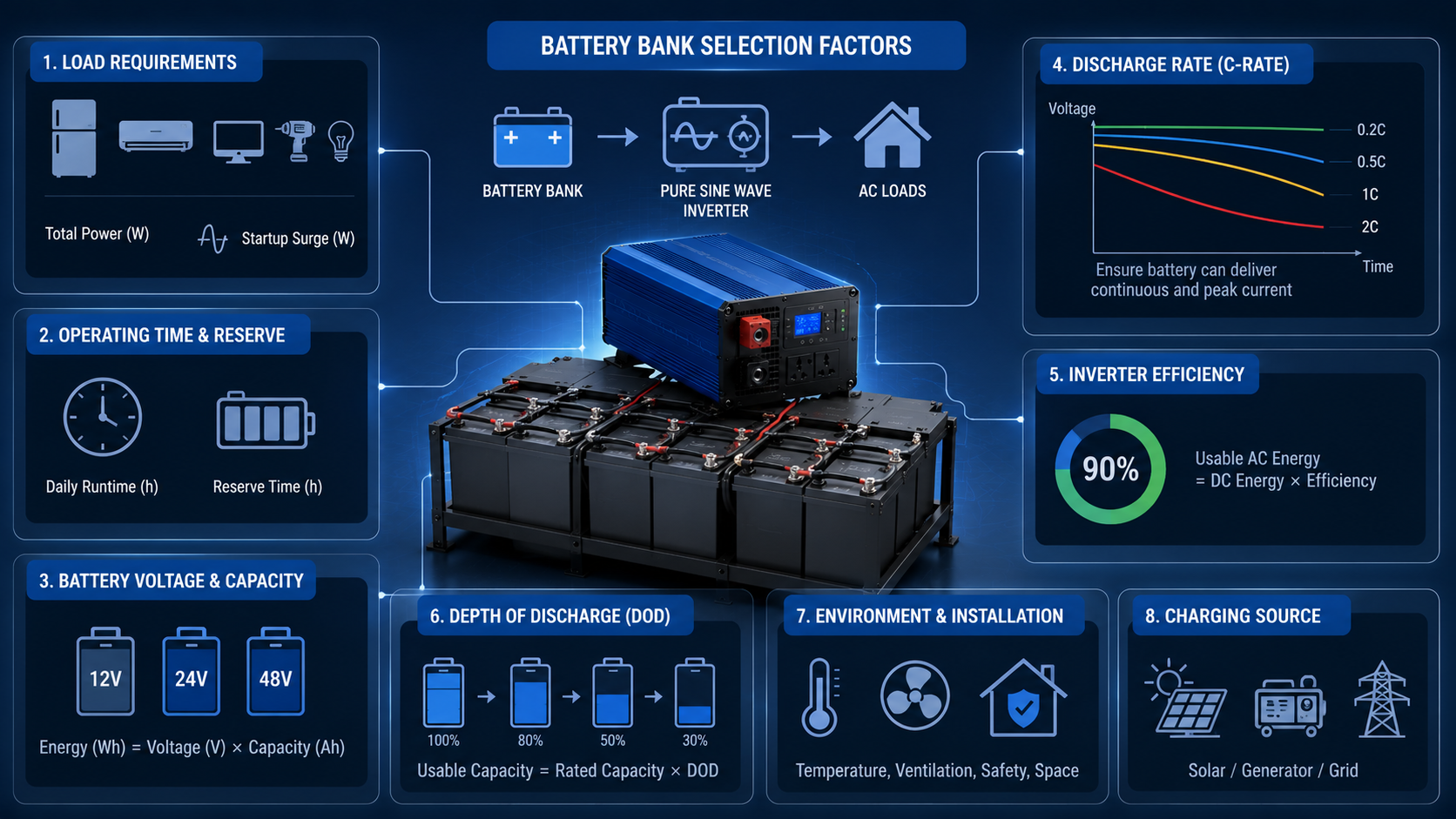 Pure sine wave inverter battery bank selection factors and runtime planning