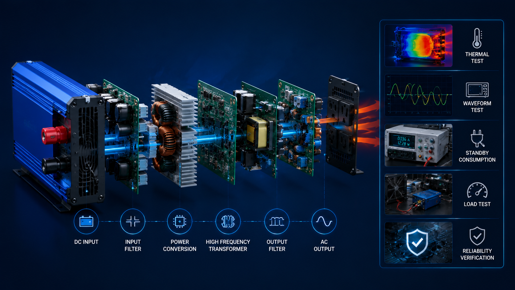 Pure sine wave inverter internal conversion stages and thermal performance testing