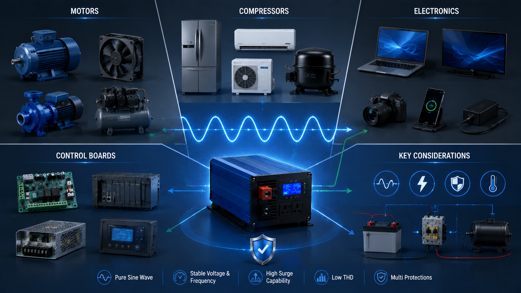 Pure sine wave inverter load compatibility analysis for motors compressors electronics and control systems