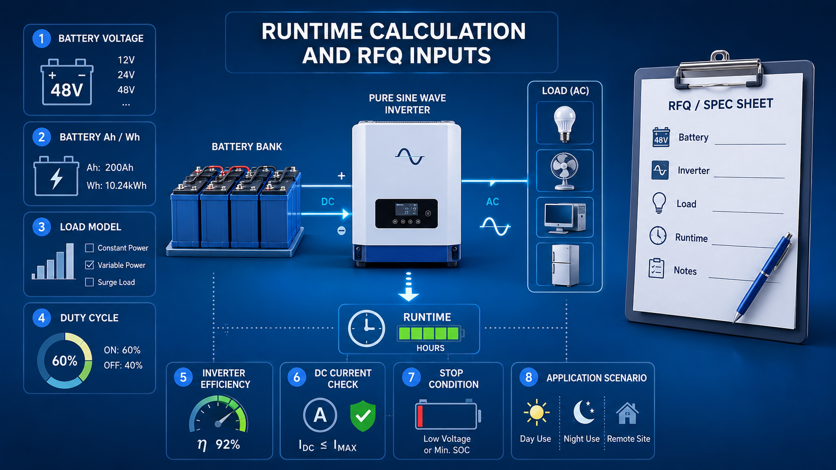 Pure sine wave inverter runtime calculation workflow with battery load efficiency and RFQ inputs