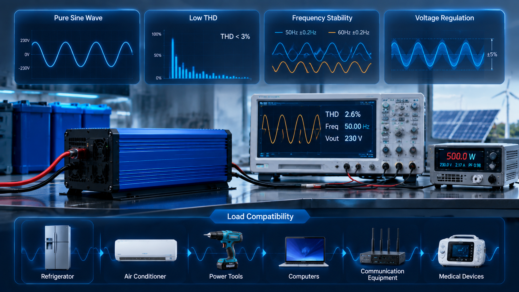 Pure sine wave inverter waveform testing with THD frequency stability and load compatibility analysis