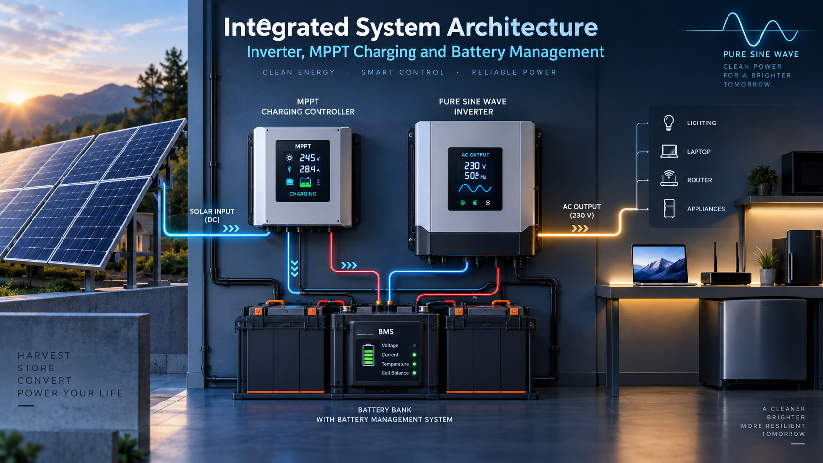 Pure sine wave inverter with MPPT charger integrated system architecture showing solar PV, battery management and AC loads