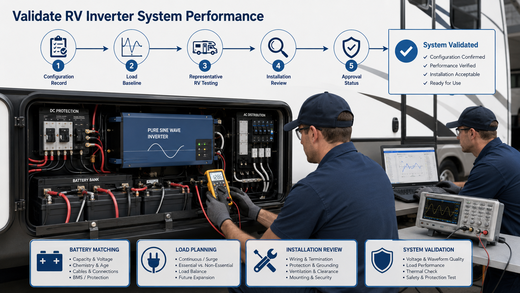 RV inverter system validation with battery load installation and performance checks