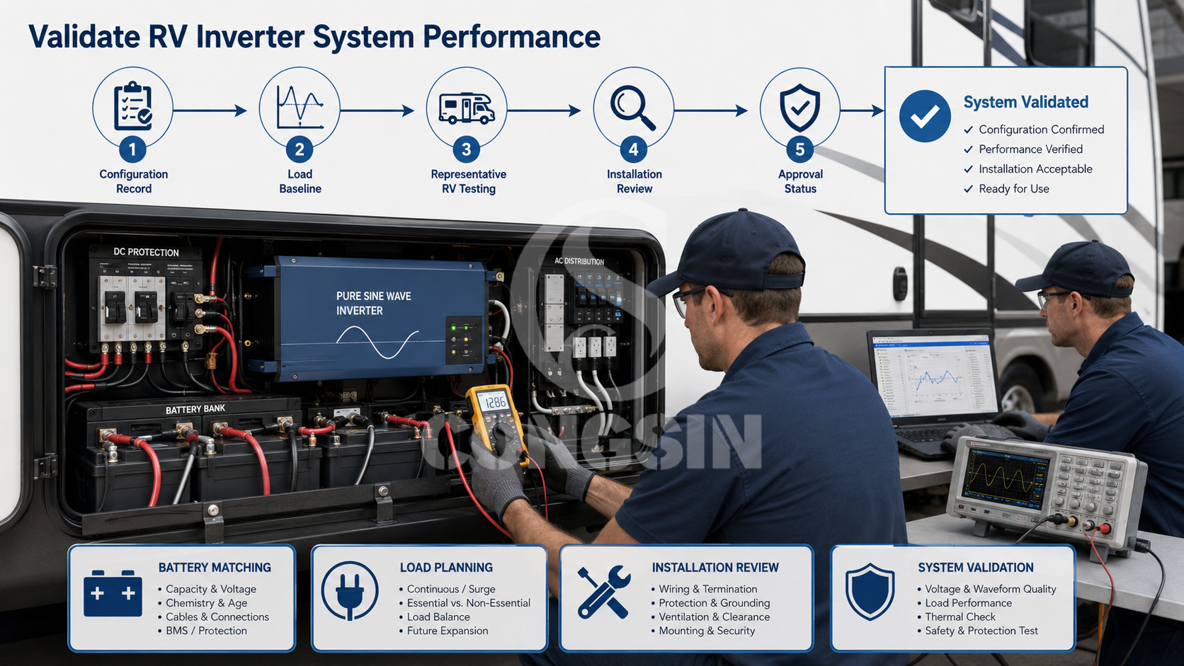 RV inverter system validation with battery load installation and performance checks RV inverter system validation with battery load installation and performance checks