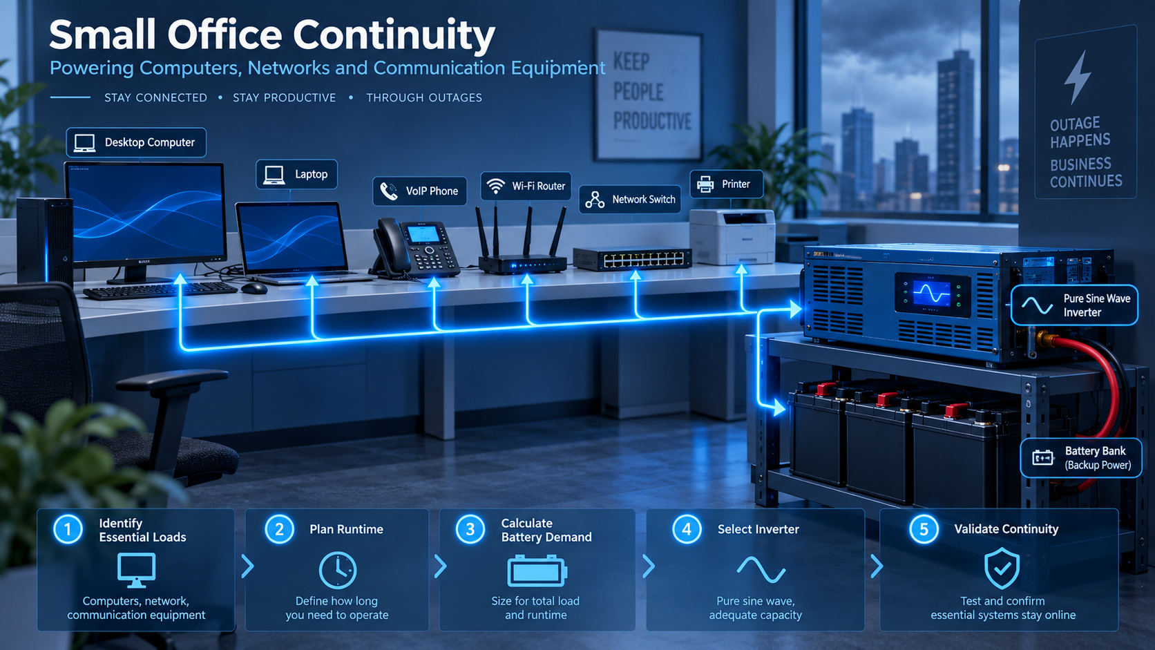 Small office continuity workflow powering computers, networks and communication equipment with a pure sine wave inverter and battery backup