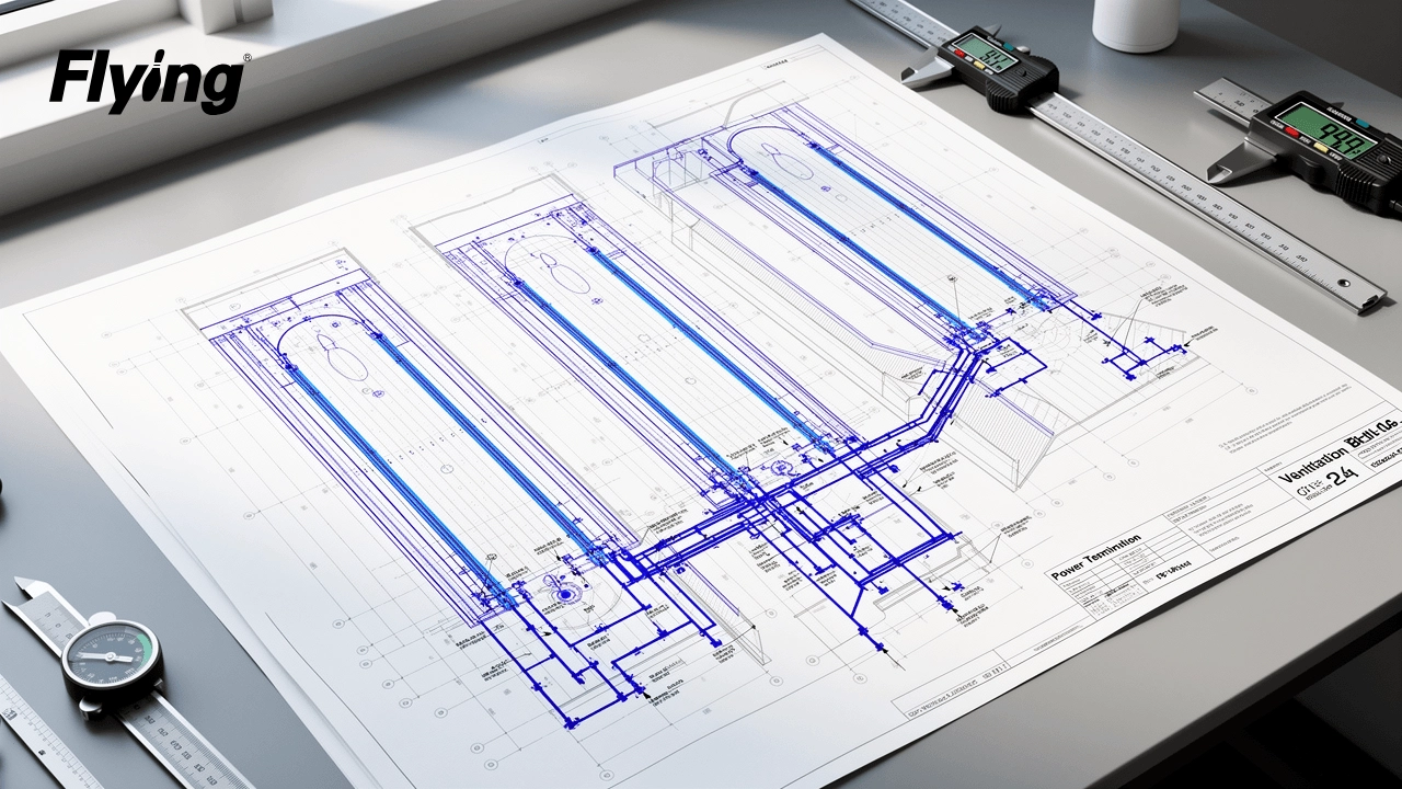 Architectural MEP layout and electrical schematic for bowling alley lane equipment and building infrastructure planning.
