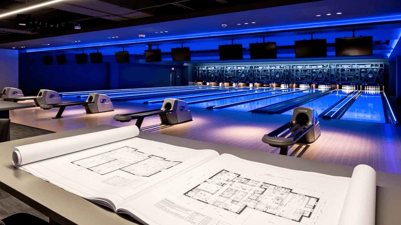 Commercial bowling alley equipment layout showing synthetic lanes, automated ball return mechanism, and pinsetter machinery.