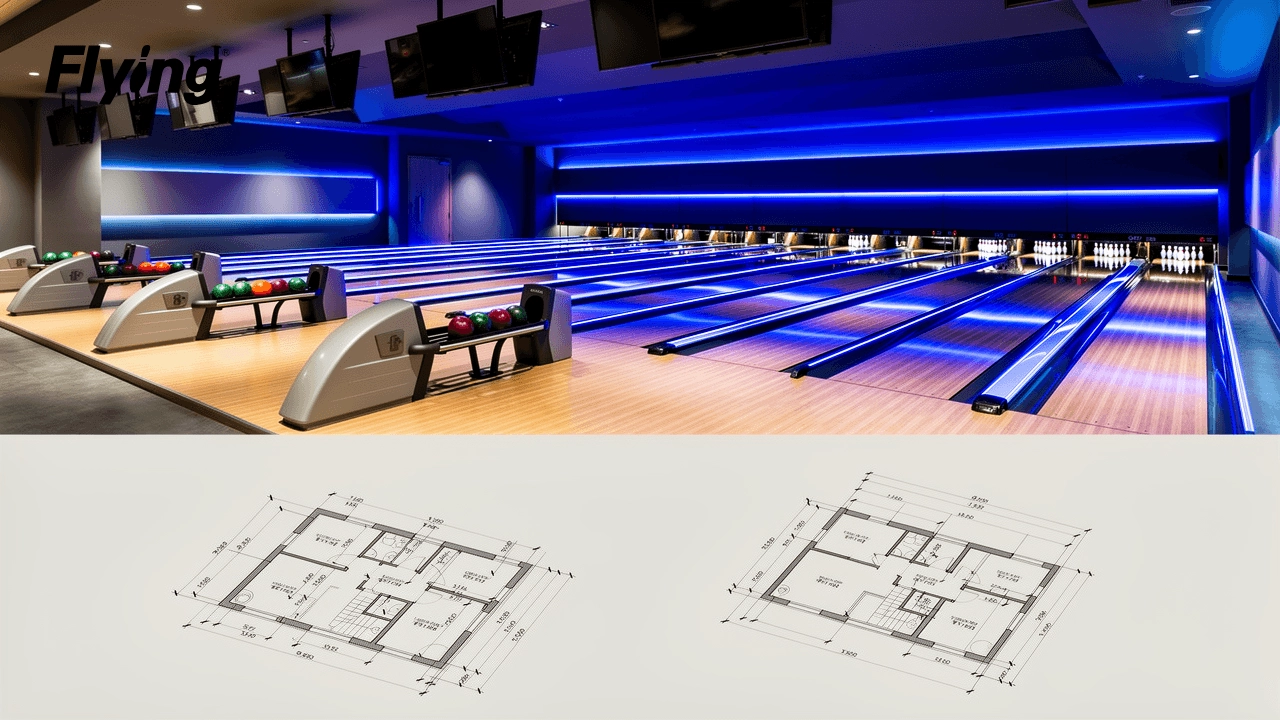 Modern commercial bowling alley equipment setup showing lanes, ball return consoles, and pinsetter systems in an entertainment venue