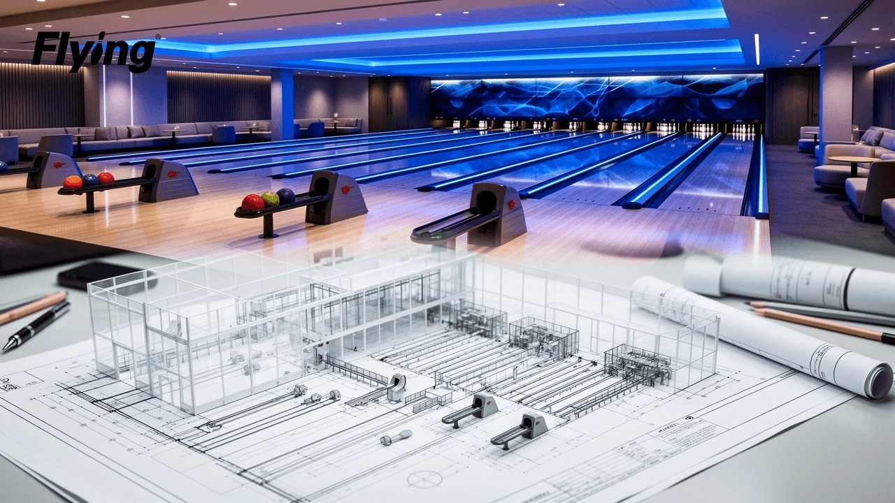 Commercial bowling equipment technical layout plan and modern bowling lane facility design