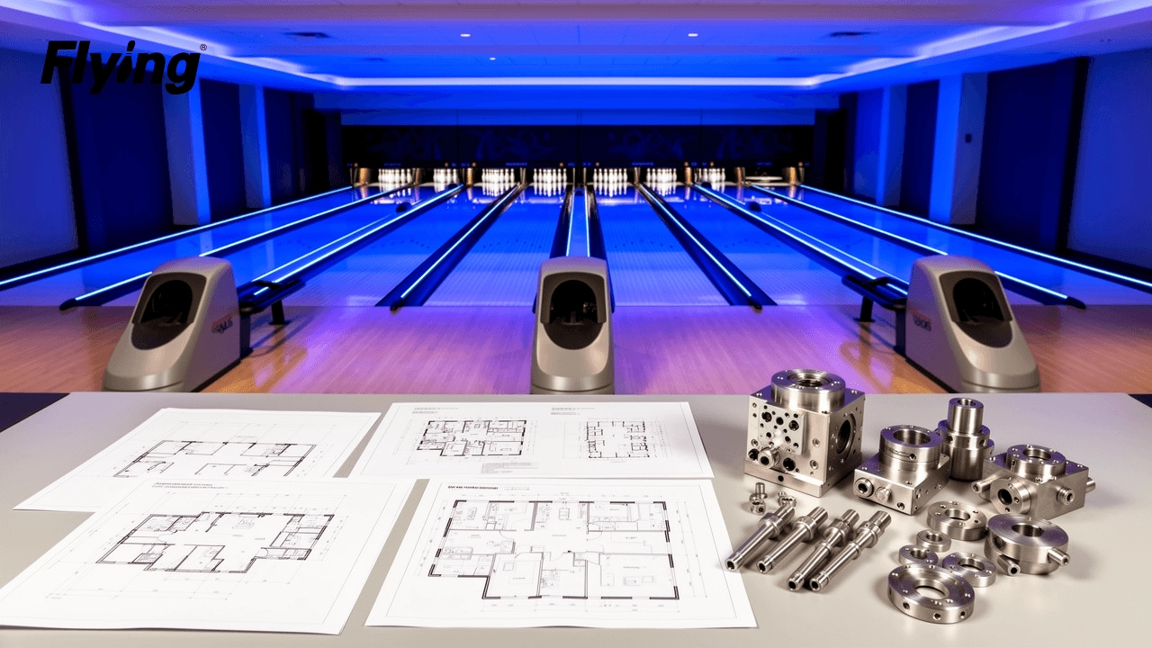 Commercial bowling alley equipment technical schematics and precision machinery inspection scene