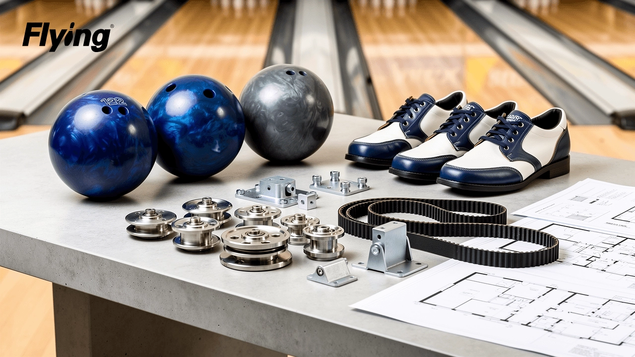 Commercial bowling house balls, rental shoes, and mechanical pinsetter spare parts arranged on an architectural planning desk.