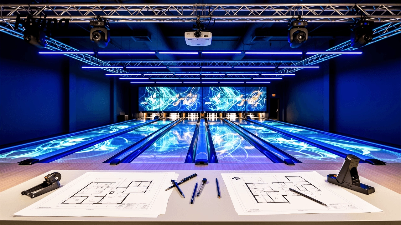 Interactive projection and synchronized LED lighting installation on commercial bowling lanes with architectural blueprints.