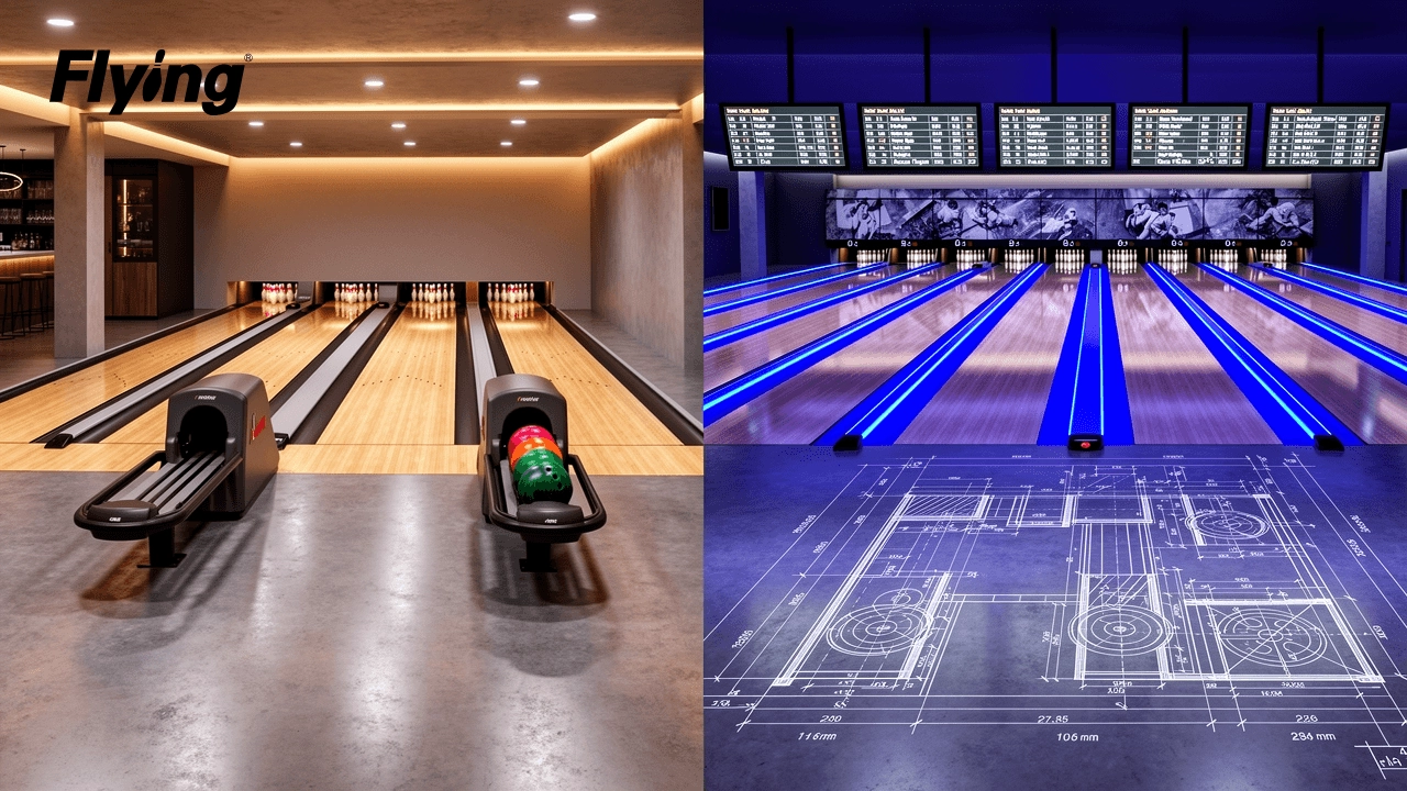 Architectural layout comparison between compact medium bowling lanes and regulation ten-pin bowling equipment installations.
