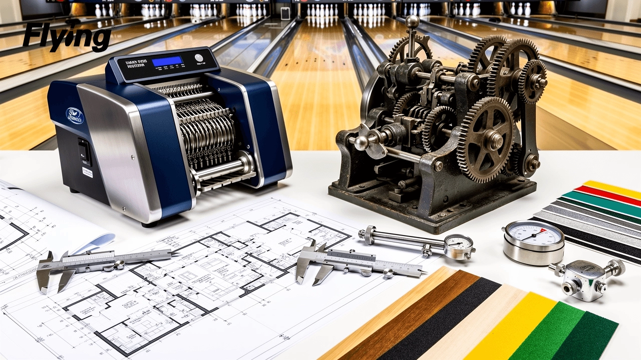 New versus used bowling alley equipment comparison featuring modern string pinsetter mechanisms and traditional mechanical pinsetter components on a venue planning table.