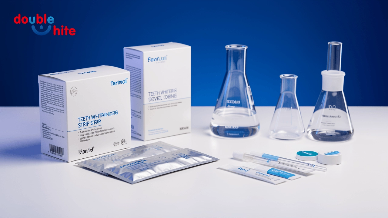 Private label teeth whitening strips manufacturing workflow and custom retail packaging components on a laboratory workstation. - Double White