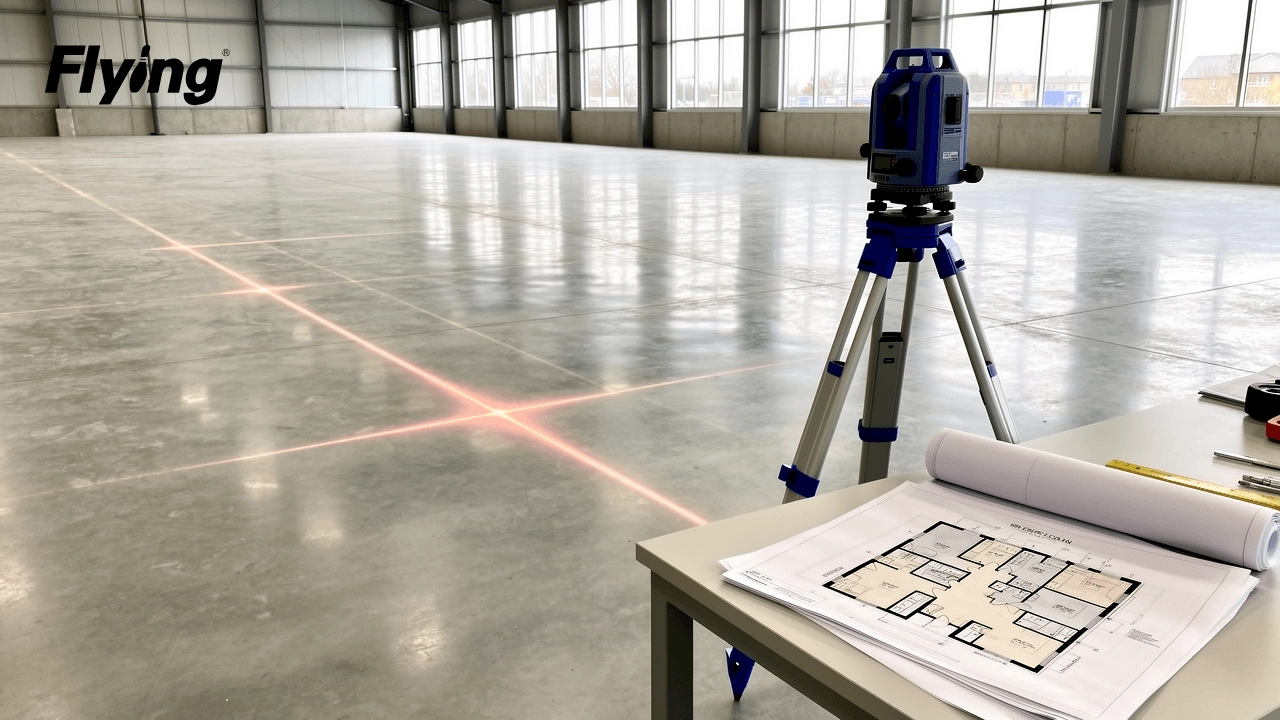 Commercial bowling alley concrete subfloor preparation and laser leveling equipment on an architectural venue site.