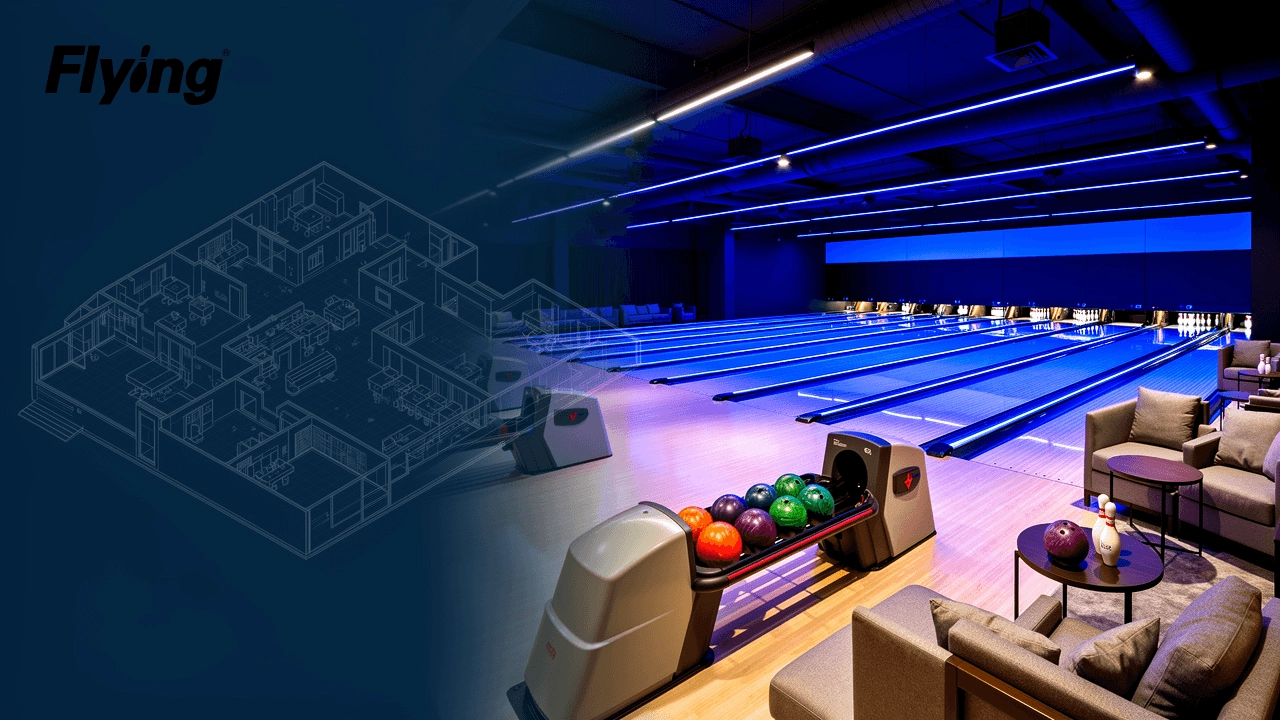 Modern turnkey bowling alley equipment package installation showing bowling lanes, ball returns, and layout planning perspective.